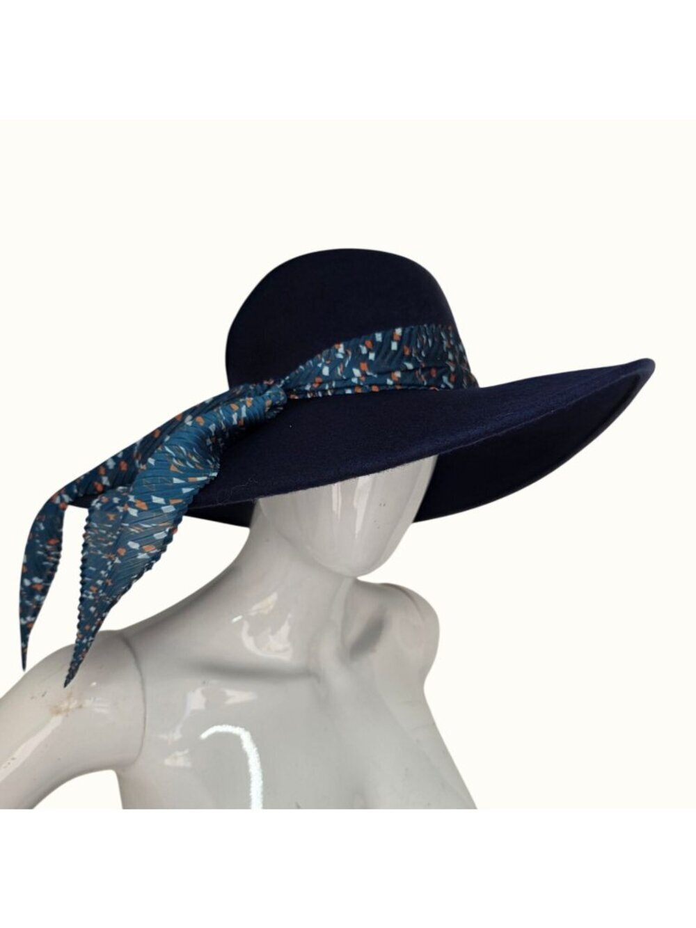 NWT Nordstrom Navy Wool Wide Brim Floppy Hat Women OS Scarf Tie Band Adjustable